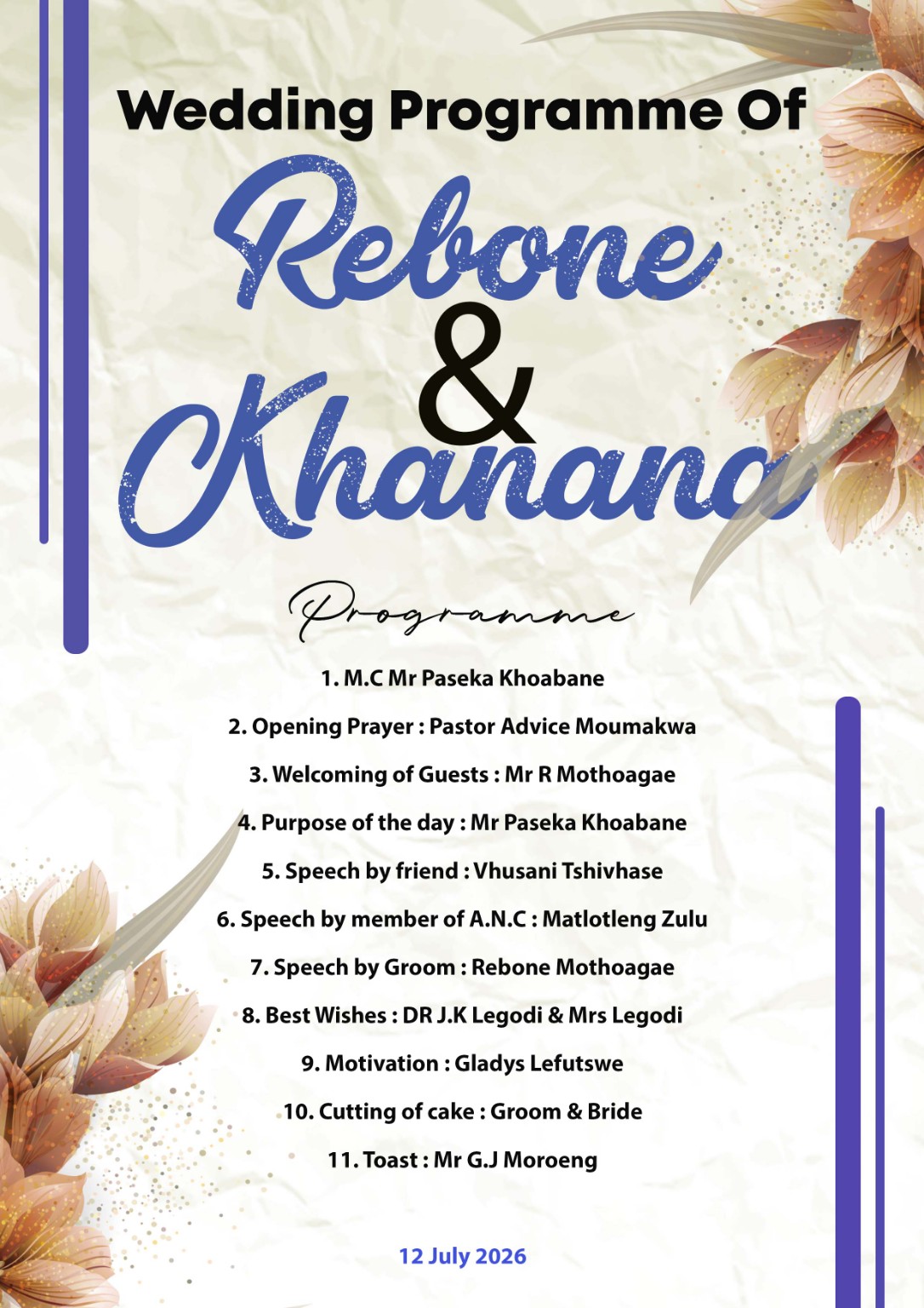Rebone and Khanana wedding programme